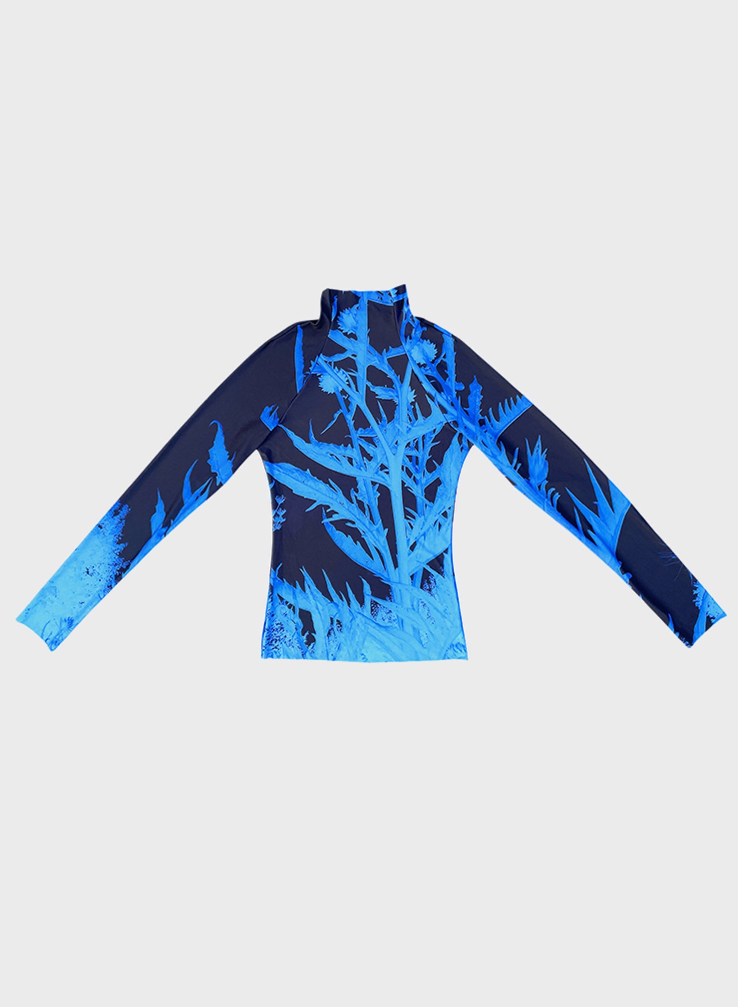 High Neck Long Sleeve Top in Blue Artichoke Print - MADE TO ORDER