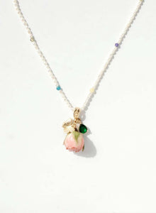 REAL FLOWER! Pink Rose and Freshwater Pearl Necklace w Detachable Charm